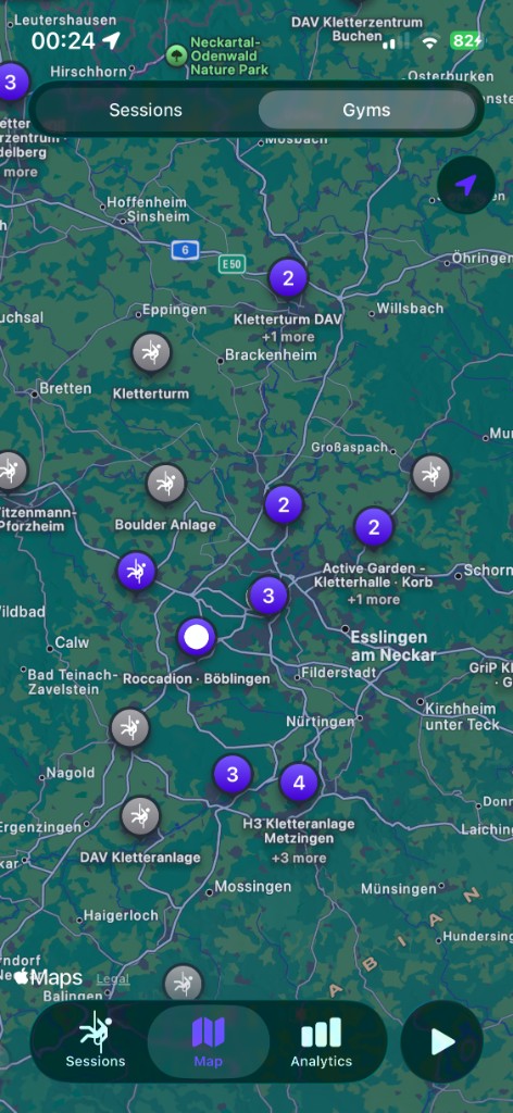 Sendly map showing climbing gyms near Stuttgart with favorites and clusters